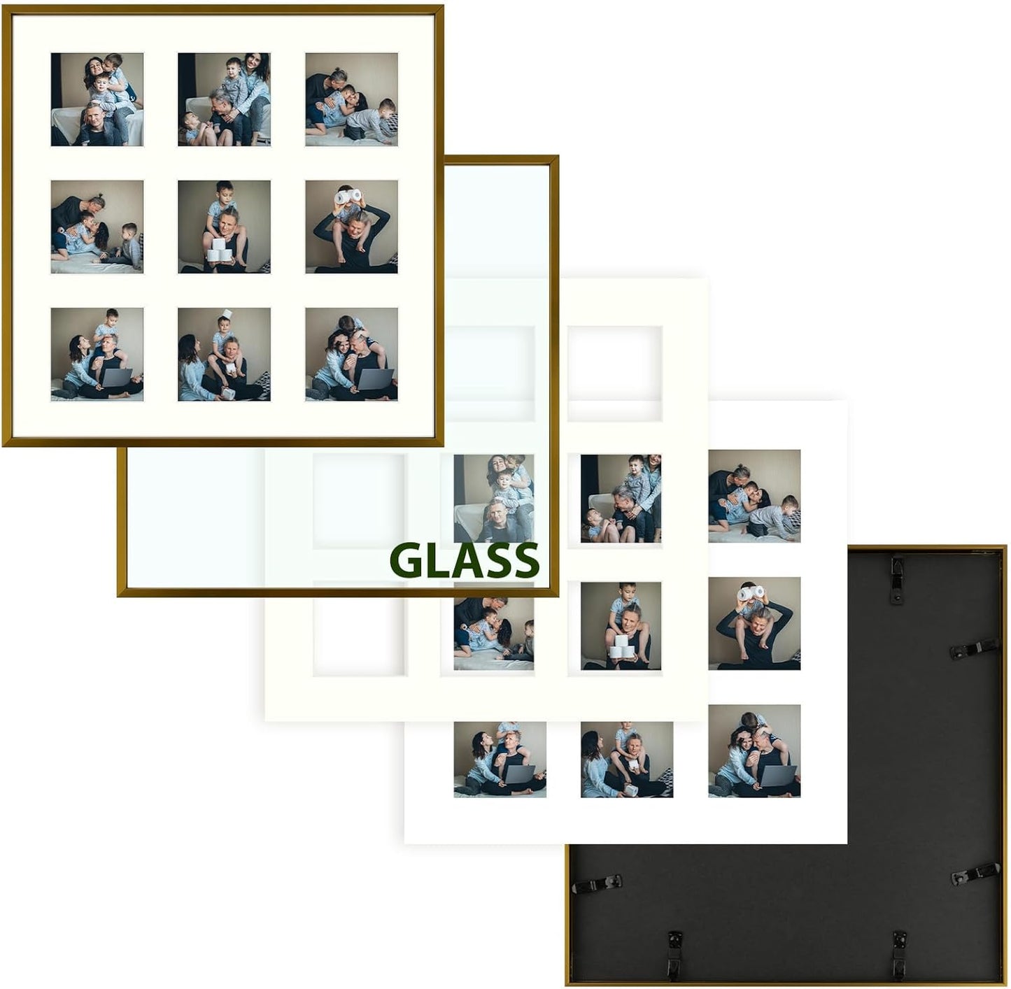 Frametory - 16x16 Aluminum Collage Picture Frame - Display 4x4 Pictures with 9 Openings Mat - Real Glass Front - Horizontal/Vertical Wall Mount - Bronze 1 Pack