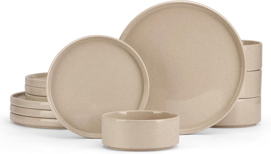 E-far Stoneware Dinnerware Sets, 12-Piece Plates and Bowls Dish Set for 4, Kitchen Modern Dinning Ware, Chip and Scratch Resistant, Microwave & Dishwasher Safe, Speckled Khaki