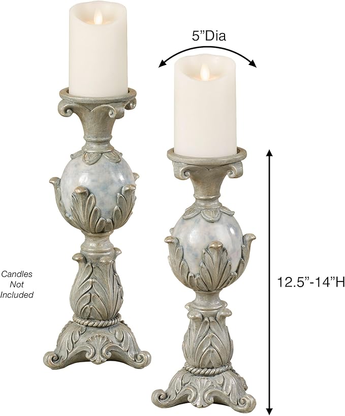 Touch of Class Lionna Candleholder Set of Two - Resin - Blue, Gray, Gold - Candlesticks for Bedroom, Living Room, Dining Room, Mantel, Office, Hallway, Entryway, Foyer - Pillar Holders