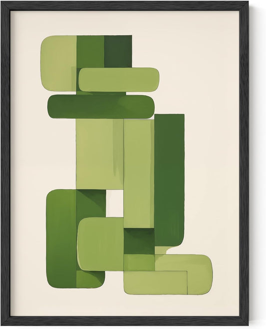 HAUS AND HUES Modern Abstract Wall Art - Blue and Green Living Room Art, Modern Artwork for Walls, Minimalist Picture for Living Room(Green Geometric, Black Frame, 12x16)