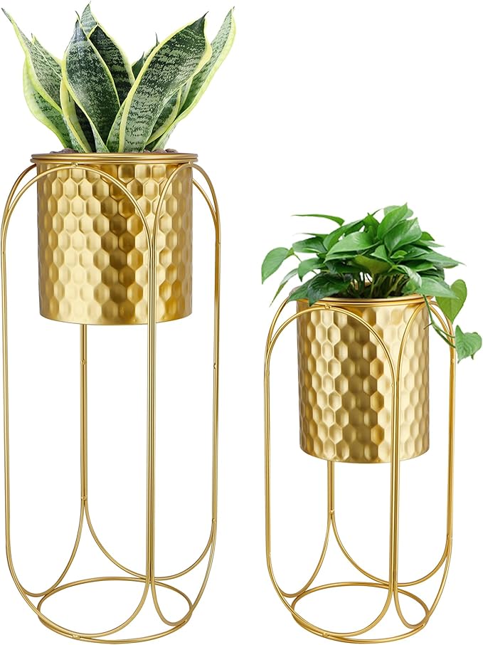 TRIROCKS Set of 2 Planters with Stand Large Gold Planter for Indoor Plants 26 &18" H Morden Plant Pot for Living Room Corner Kitchen Office Garden Balcony Patio Decor(Gold)