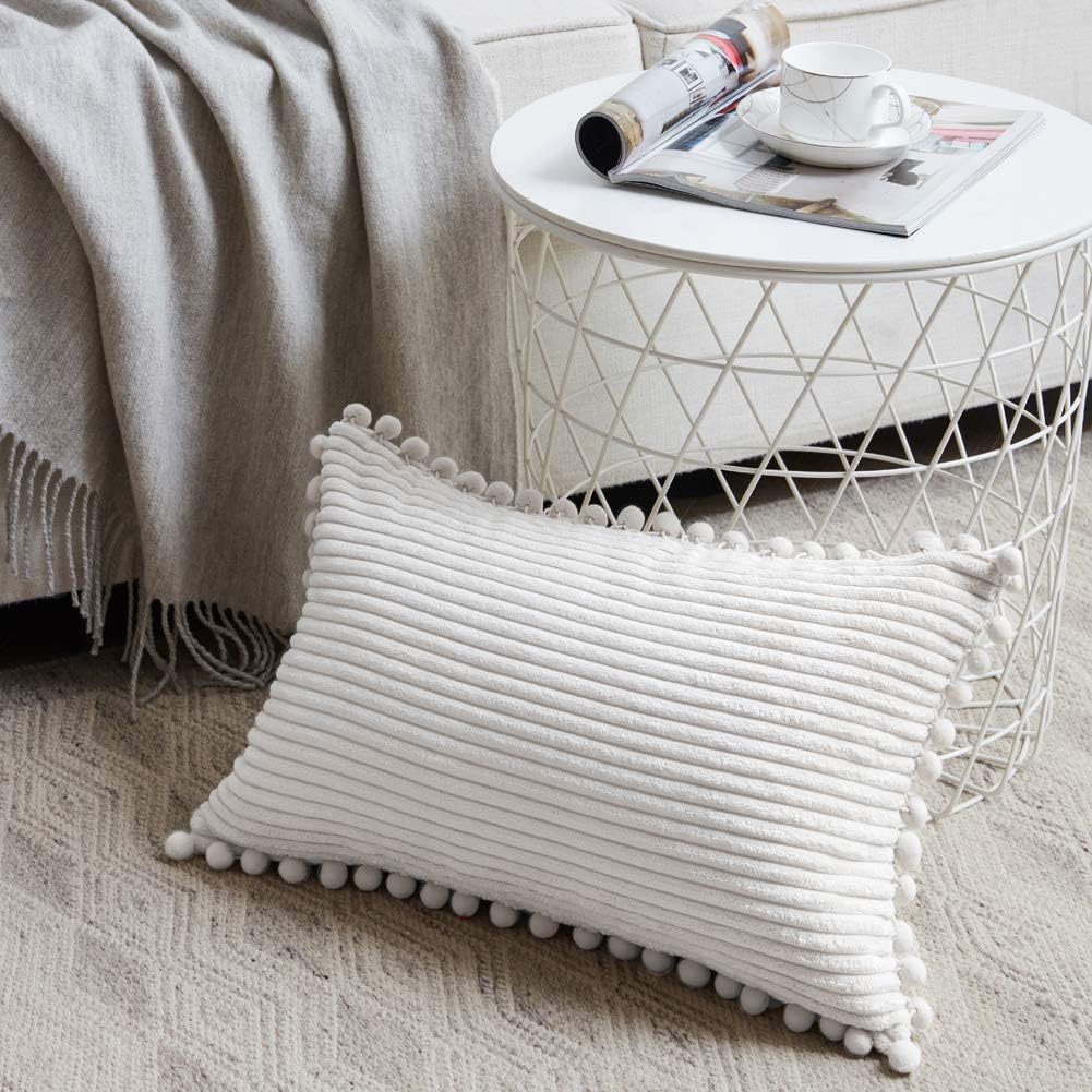 Fancy Homi Pack of 2 Boho Lumbar Decorative Throw Pillow Covers with Pom-poms, Soft Corduroy Solid Rectangle Cushion Cases Set for Couch Sofa Bedroom Car Living Room (12x20 Inch/30x50 cm, Pure White)