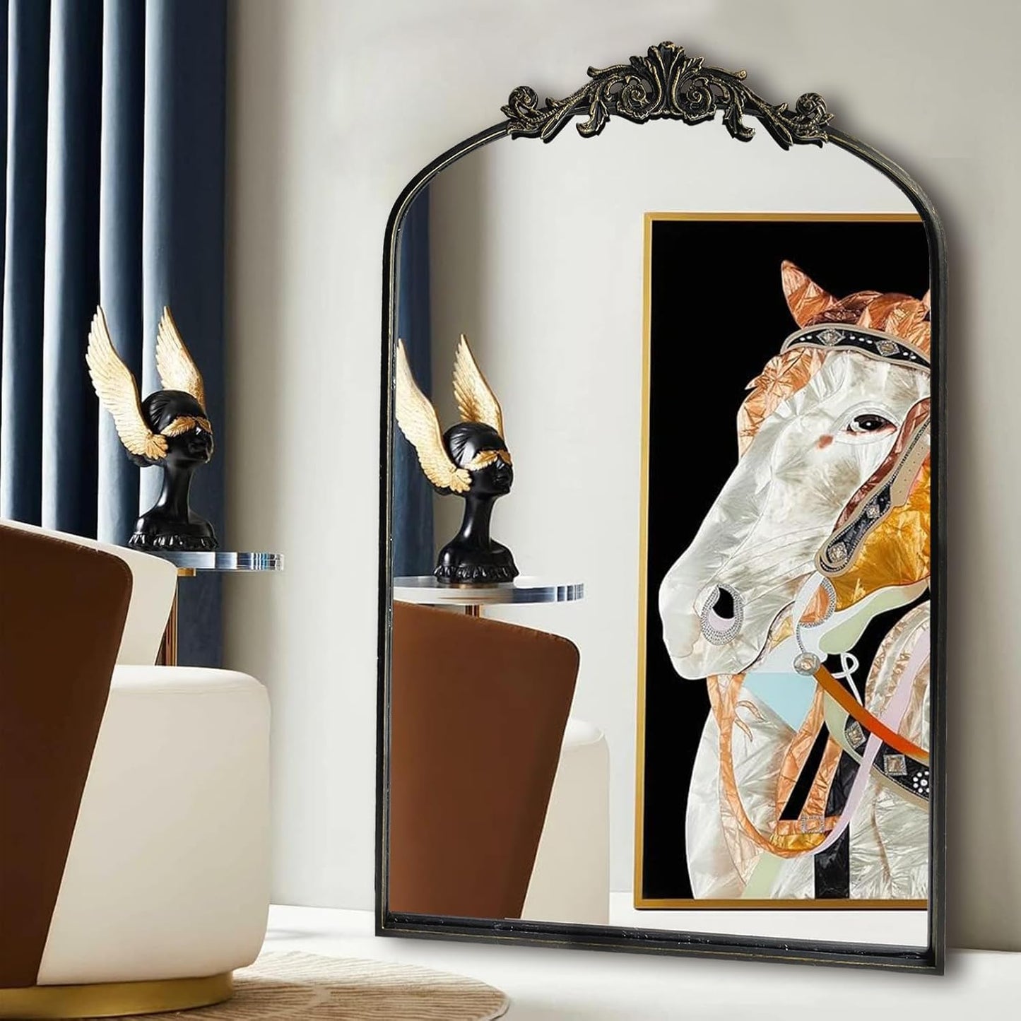 Black Ornate Mirror for Wall, Traditional Vintage Ornate Baroque Mirrors,Victorian Antique Bronze Full Matel Frame,Arched Mirror for Entryway/Bathroom/Fireplace 24"X36"