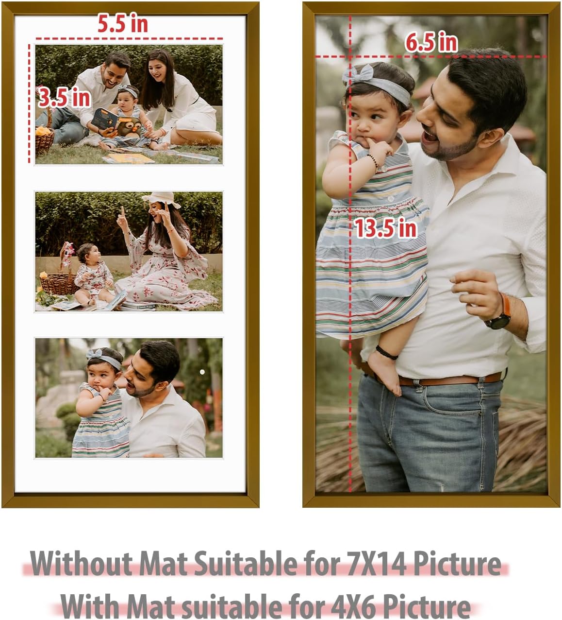 Frametory - 7x14 Aluminum Collage Picture Frame - Display 4x6 Pictures with 3 Openings Mat - Real Glass Front - Horizontal/Vertical Wall Mount - Bronze 1 Pack