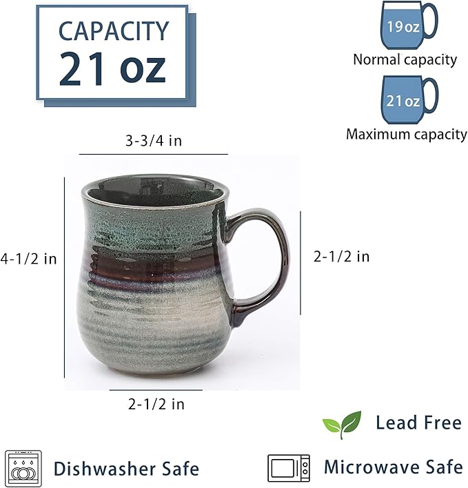 21 oz Large Ceramic Coffee Mugs, Pottery Mug Handmade, Ceramic Tea Cups with Handle for Office and Home, Dishwasher and Microwave Safe (Ink Green)