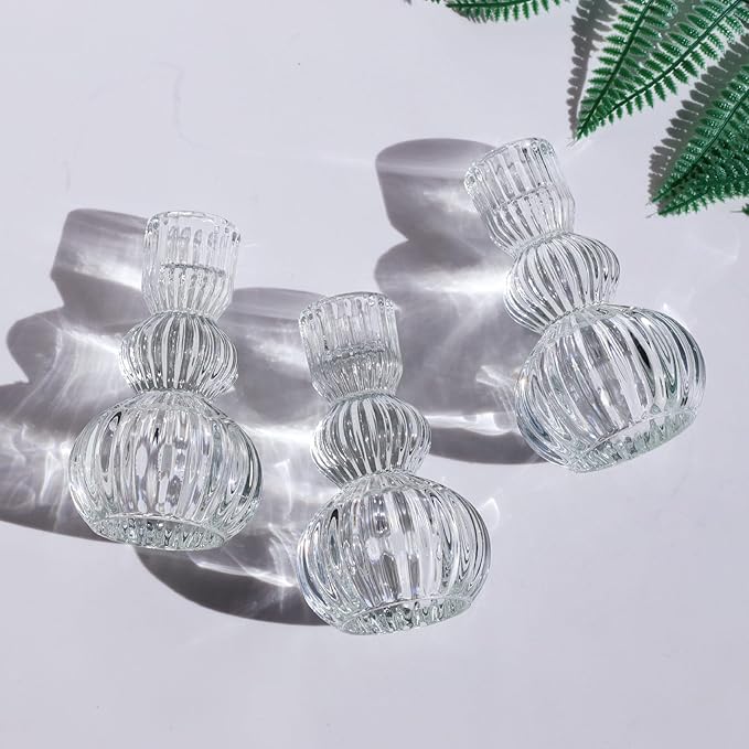 Woho Clear Taper Candle Holders 4.3" H Set of 3 for Wedding Table, Ribbed Glass Candlestick Holders for Daily Home Decor, Vintage Candle Sticks Holder Decor for Thanksgiving Christmas