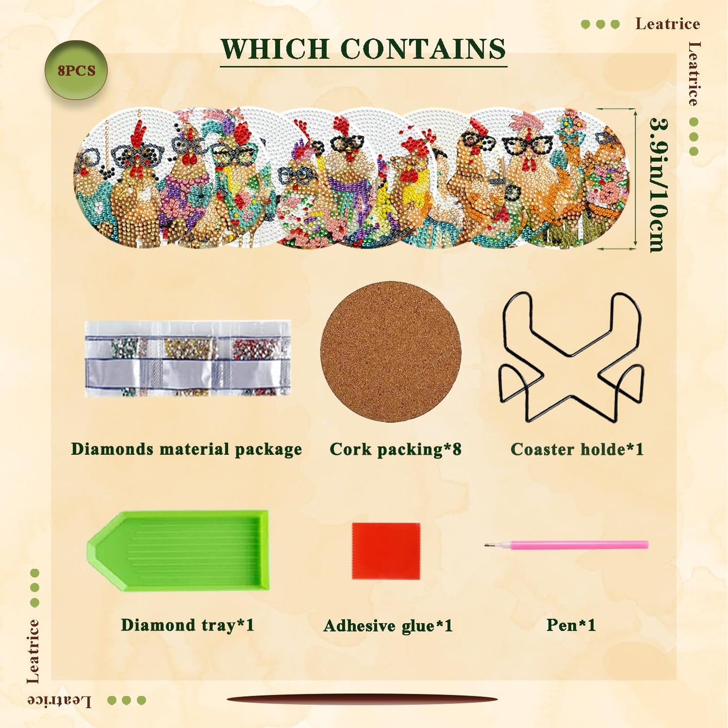 Leatrice 8PCS Chicken Diamond Art Coasters Small Diamond Painting Kits for Adults Diamond Dots Round Full Drill Diamond Coasters with Holder Easy Art Crafts for Beginners Kitchen Decro