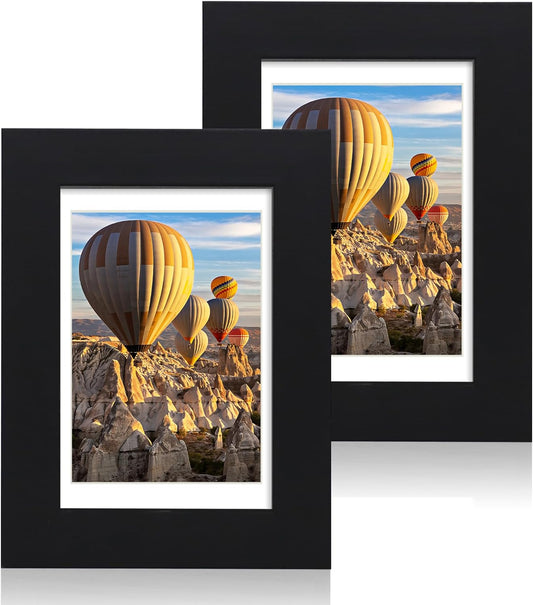 iRahmen 4x6 Picture Frame Set of 2 with HD Glass, Black Wood Photo Frames Display 3.5x5 Picture with Mat or 4 x 6 Without Mat for Horizontal or Vertical Tabletop and Wall Mounting