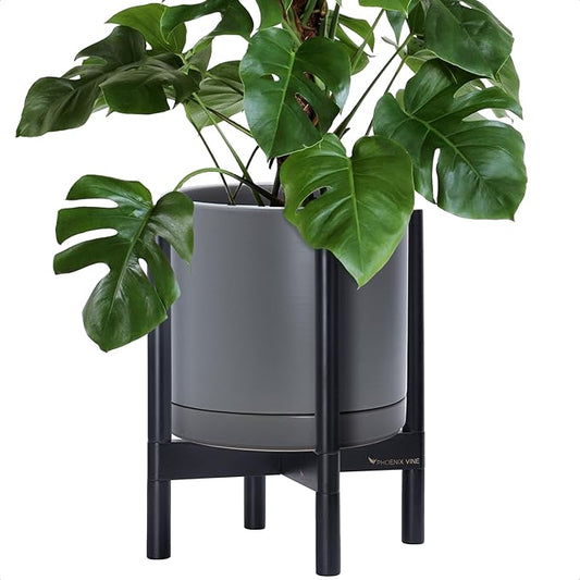 D'vine Dev Ceramic Planter with Ebony Stand - 12 Inch Modern Round Flower Pot with Wood Planter Holder, Grey, 55-B-H-3