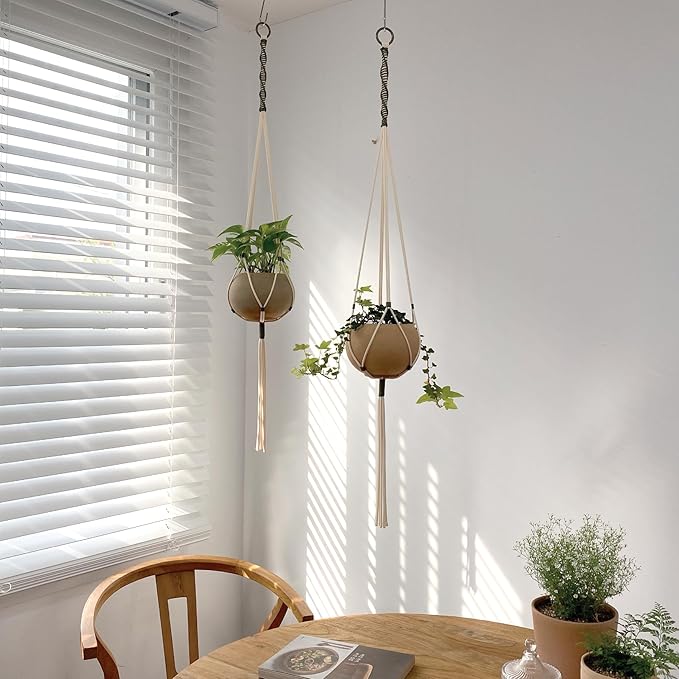 Macrame Plant Hanger Polyester Rope 42 Inch Outdoor Indoor Adjustable Hanging Planter for up to 10 Inch Plant Pot Modern Boho Home Decor (Ivory/Forest Green)
