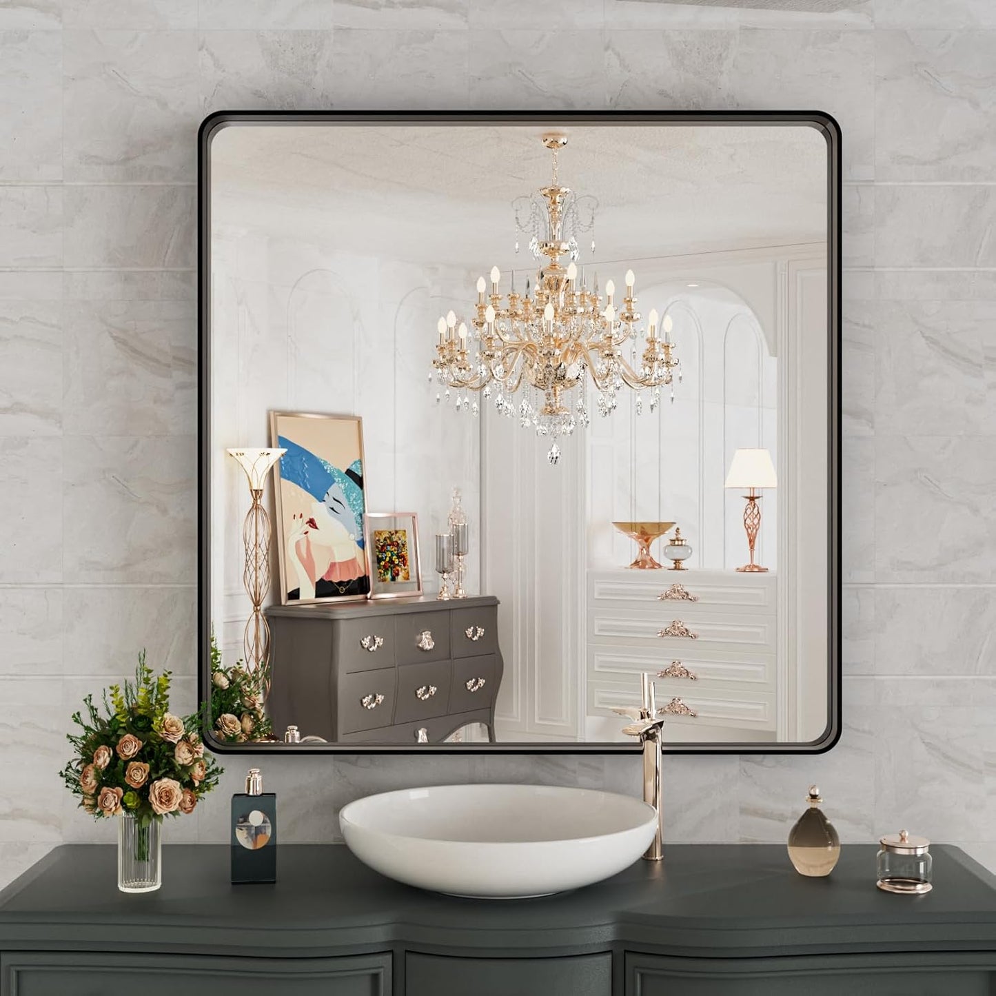 Black Metal Framed Bathroom Mirror 38X38 Inch,Matte Black Vanity Mirror,Tempered Glass,Round Corner,Farmhouse,Decorative Wall Mounted Rectangle Mirror