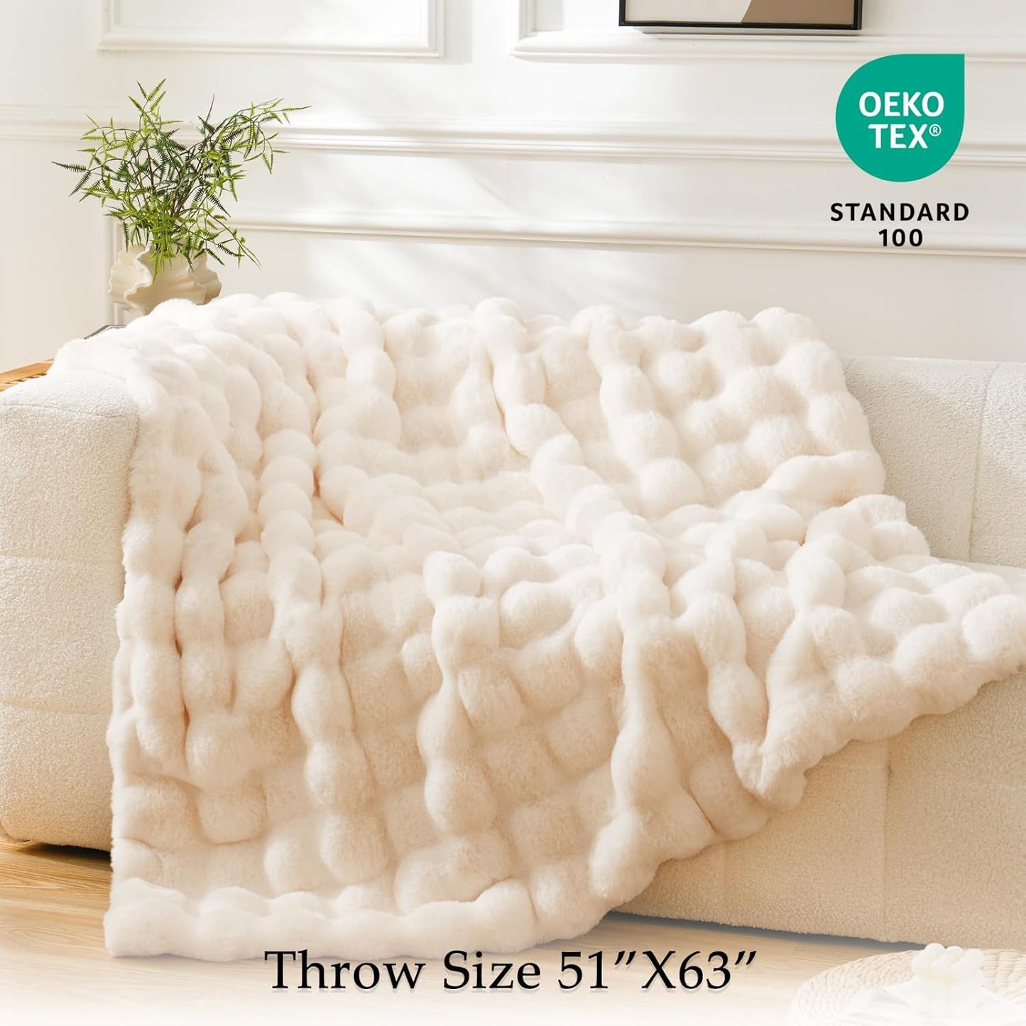 BENVWE Fluffy Faux Fur Throw Blanket for Couch, Soft Plush Thick Cozy Fuzzy Luxury Minky Bubble Blanket for Home Living Room Decor Gift for Women, Warm Ivory, 50" x 60", 1100GSM