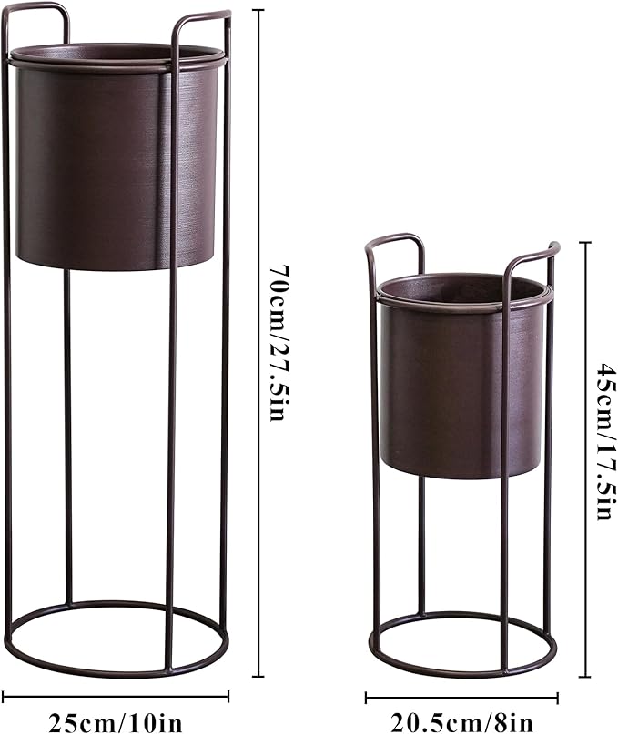 TRIROCKS Set of 2 Planters with Stand Large Metal Planter for Indoor Plants 28 &18" H Plant Pots for Living Room Corner Kitchen Office Garden Balcony Patio Decor(Brown)