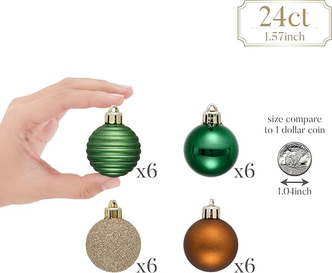 Valery Madelyn 1.57 Inches Small Christmas Tree Decorations Ornament Set for Fall Halloween, 24ct Brown Green and Gold Shatterproof Hanging Ball Ornaments Holiday Party Decor