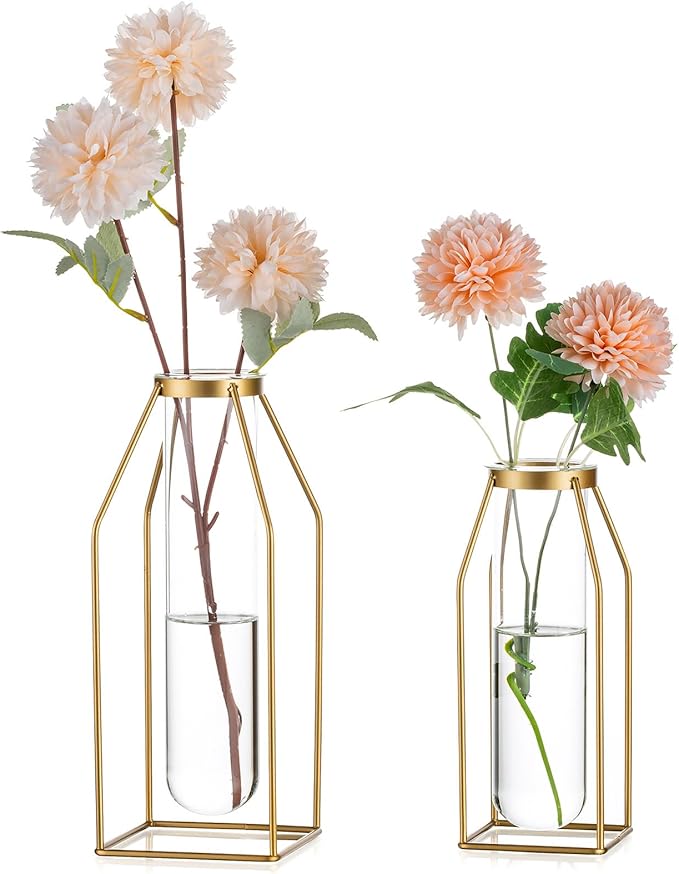Sziqiqi Metal Flower Vase Table Decor - Gold Frame Vase with Glass Test Tubes 8"/10" Modern Bud Vase for Coffee Table Living Room Abstract Geometric Art Vase for Rose Hydroponic Plant Pampas
