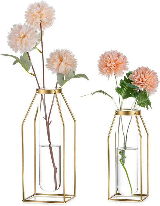 Sziqiqi Metal Flower Vase Table Decor - Gold Frame Vase with Glass Test Tubes 8"/10" Modern Bud Vase for Coffee Table Living Room Abstract Geometric Art Vase for Rose Hydroponic Plant Pampas