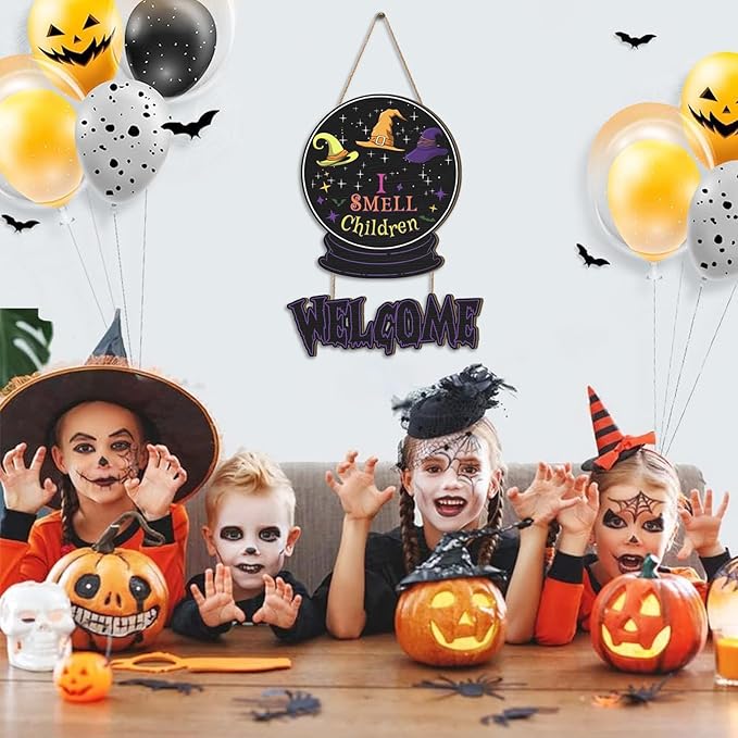 Welcome Halloween Door Sign,I Smell Children Sign,Hocus Pocus Halloween Decoration,Witches Door Decor Magic,Purple Crystal Ball Witches Wall Decor for Outdoor Indoor Home Porch Yard Party