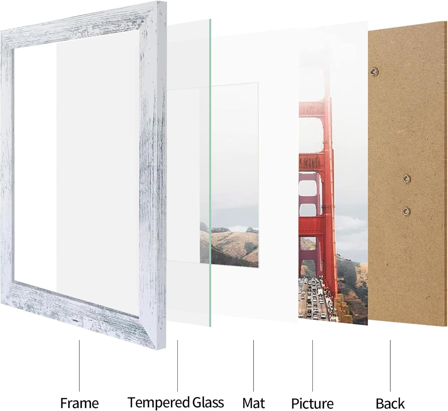 iRahmen 10x14 Picture Frame Set of 2 with Tempered Glass, Distressed White Wood Photo Frames Display 8x12 Picture Frame with Mat or 10 x 14 Without Mat for Horizontal or Vertical Wall Mounting