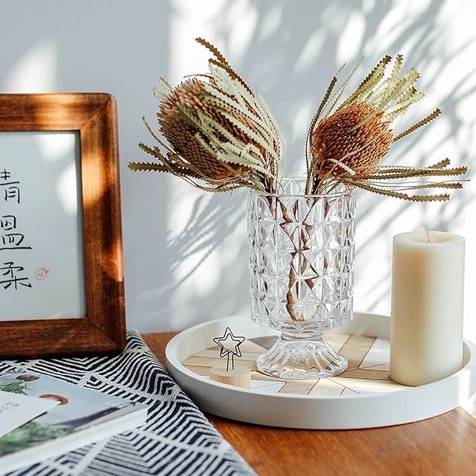 BLOFLO Embossed Glass Vase, 7'' Crystal Glass Vases for Flowers, Pedestal Big Base Glass Bouquet Vase, Hydroponic Glass Transparent Vase for Home Office Wedding Dining Table Party