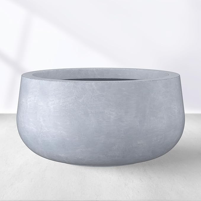 Kante 15.7" Dia Round Concrete Planter, Cement Plant Pots with Drainage Hole and Rubber Plug for Outdoor Indoor Garden Home, Modern Curvaceous Design, Gray