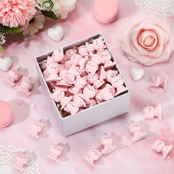 50 Pcs Mini Unicorn Cat Figurines Mini Resin Figurines Little Pink Cat Figurine to Hide for Fairy Garden Decor, Dollhouse, Cake Topper, Birthday Party Gifts