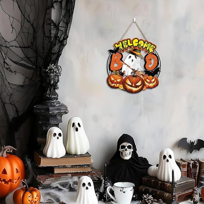 Welcome Halloween Sign,Cute Ghost Door Sign,Halloween Pumpkin Door Decor,Bat Pumpkim Wall Hanging,Black Cat Bat Boo Ghost Wall Decoration for Party Home Porch Yard Room Office Outdoor Indoor