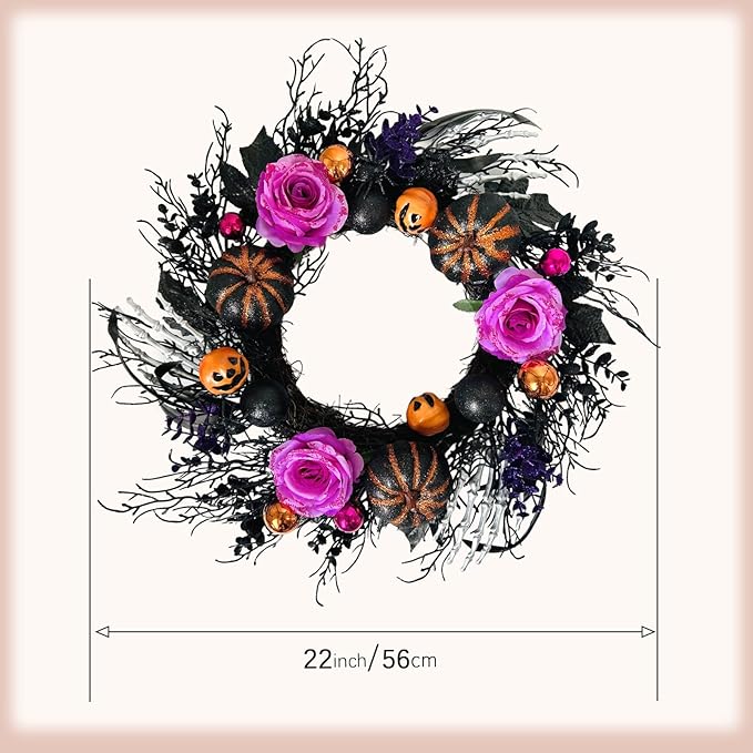 22 Inch Halloween Wreaths for Front Door Artificial Black Welcome Wreath with Pumpink Rose Skeleton Hand Indoor Outdoor Wall Holiday Decorations