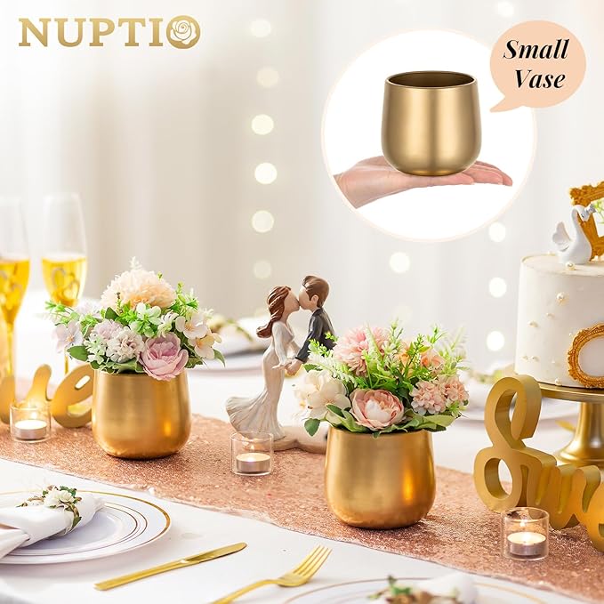 NUPTIO Small Gold Vases for Centerpieces: 2 Pcs 3.94 inch Flower Trumpet Vase Vintage Compote Vase Metal Urn Planter Plant Pots Flowers Bowls Pedestal for Wedding Party Table Centerpiece Decorations