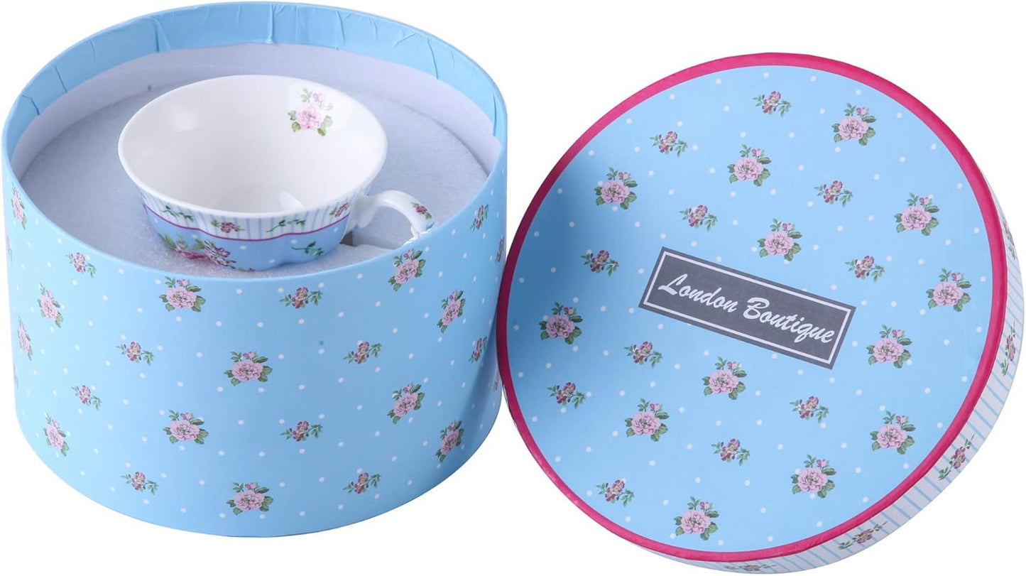 London Boutique Coffee Tea Cups and Saucers Set Afternoon Tea Vintage Flora Rose Gift Box 7.5oz (Rose Blue Set 1)