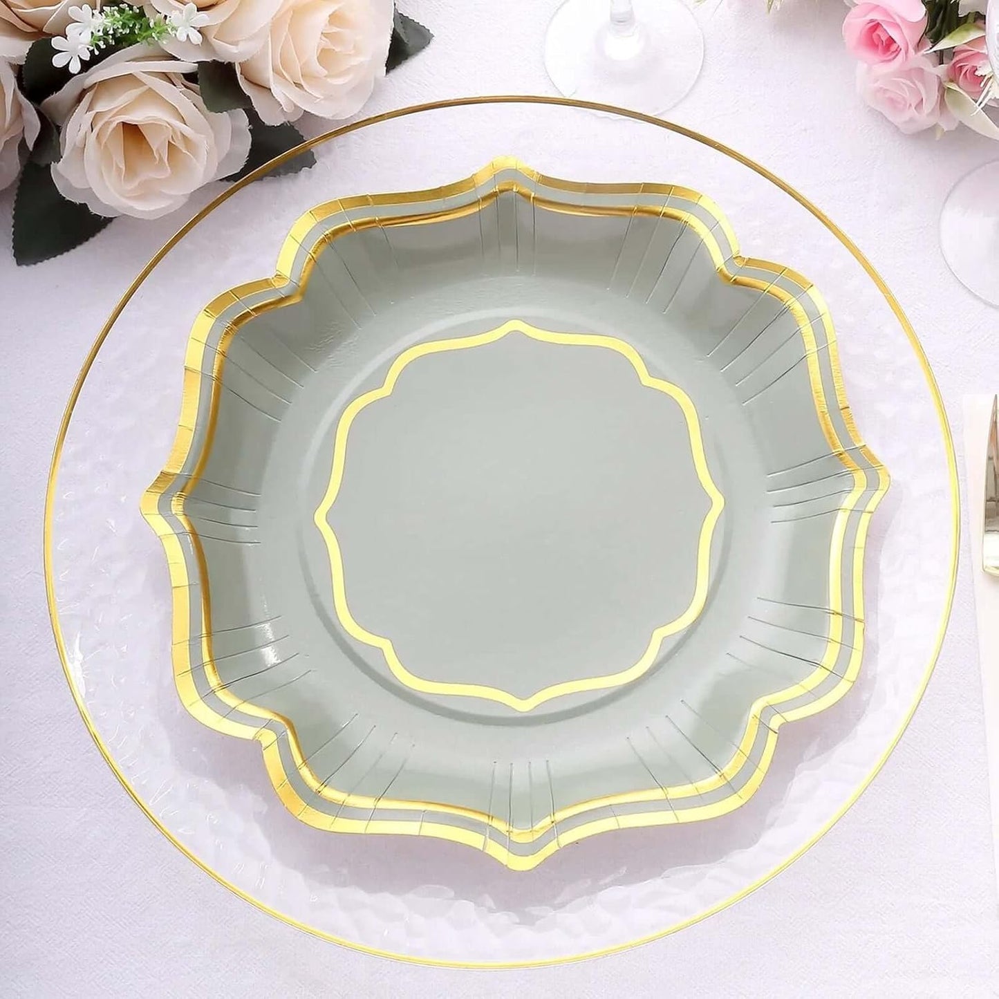 Efavormart 25 Pack Sage Green Dinner Paper Plates With Scalloped Gold Rim, 10" Disposable Party Plates - 300 GSM