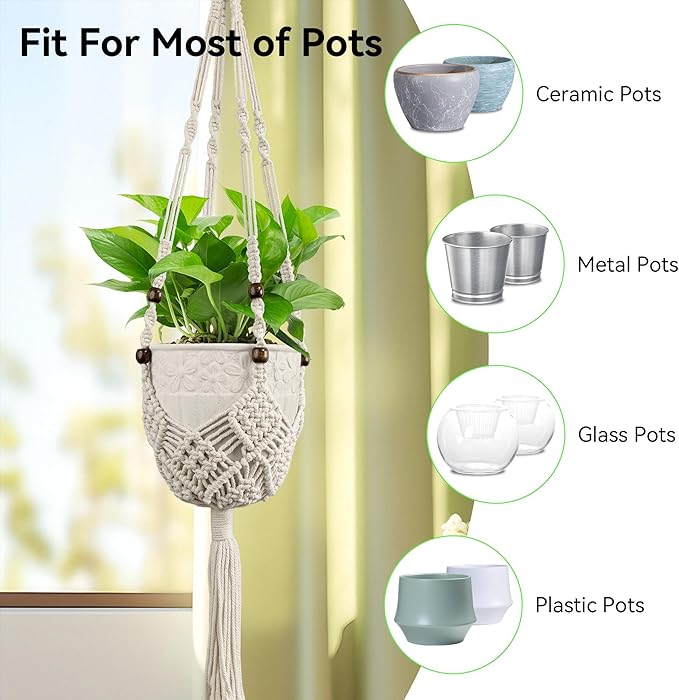 USLAI Macrame Handmade Basket Plant Hanger (2-Pack), for 3-8 Inch Pots, Indoor Outdoor Strong Hanging Planter Flower Pot Holder with Beads and Tassels, Boho Home Decor (POTS NOT Included) (White)