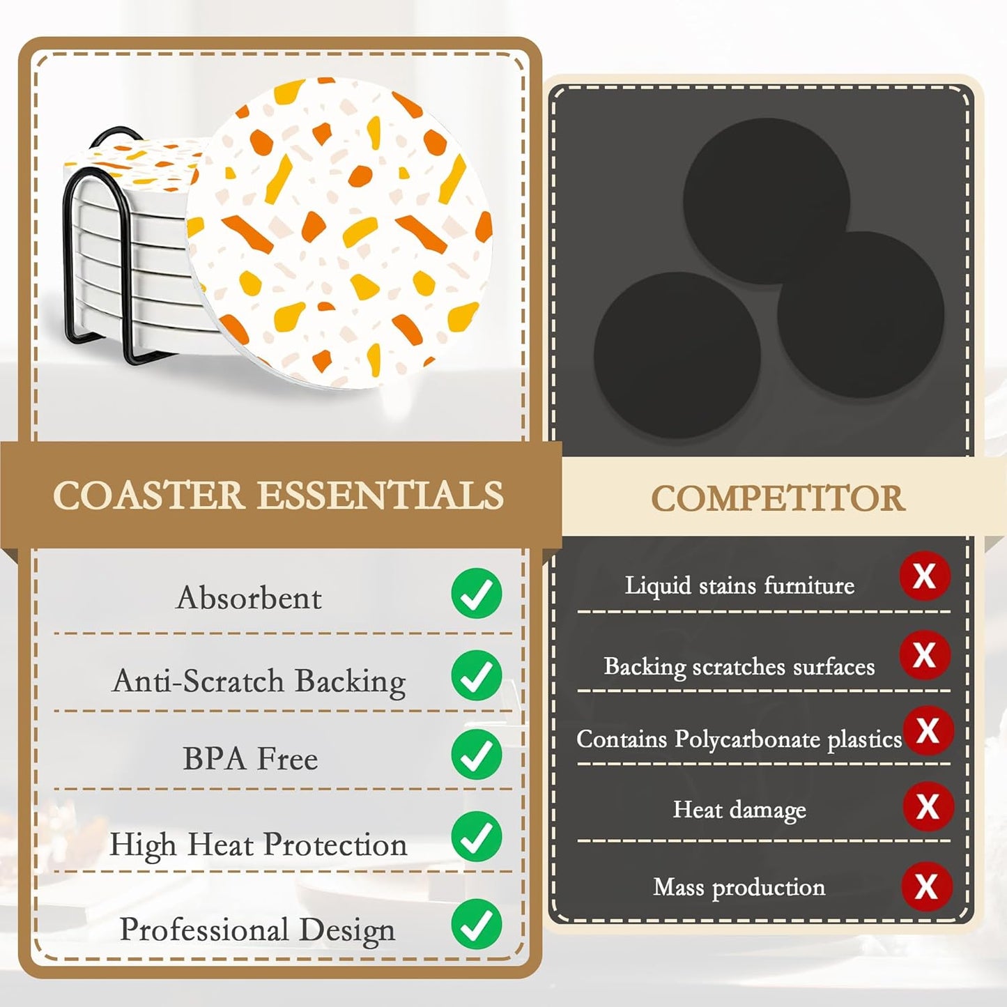 Drink Coasters with Holder,6 Pcs Terracotta Polka Dots Design, Water-Absorbent Beverage Pads for Dining Table Decor & Glass Protection