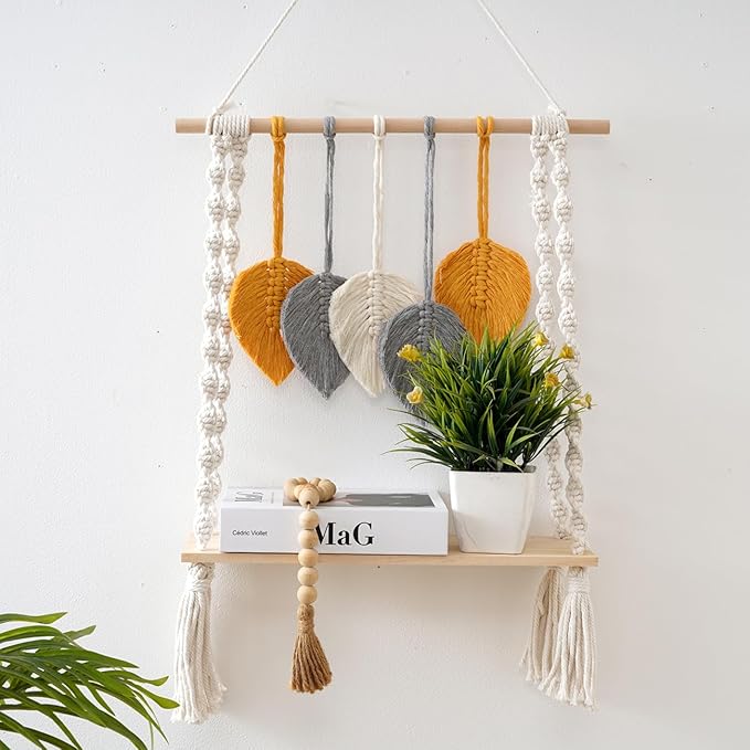 Macrame Wall Hanging Shelf, Bohemian Woven Tapestry Chic Woven Leaf Tassels Home Deco, Boho Handmade Wall Art Floating Shelf for Living Room, Bedroom, Nursery Backdrop, Apartment (White+Yellow+Grey)