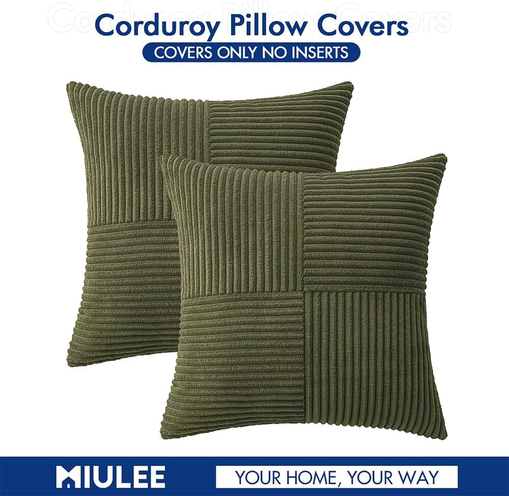 MIULEE 24x24 inch Euro Olive Green Corduroy Pillow Covers Pack of 2 Boho Decorative Spliced Throw Pillow Covers Soft Solid Couch Pillowcases Cross Patchwork Textured Cushion Covers for Living Room