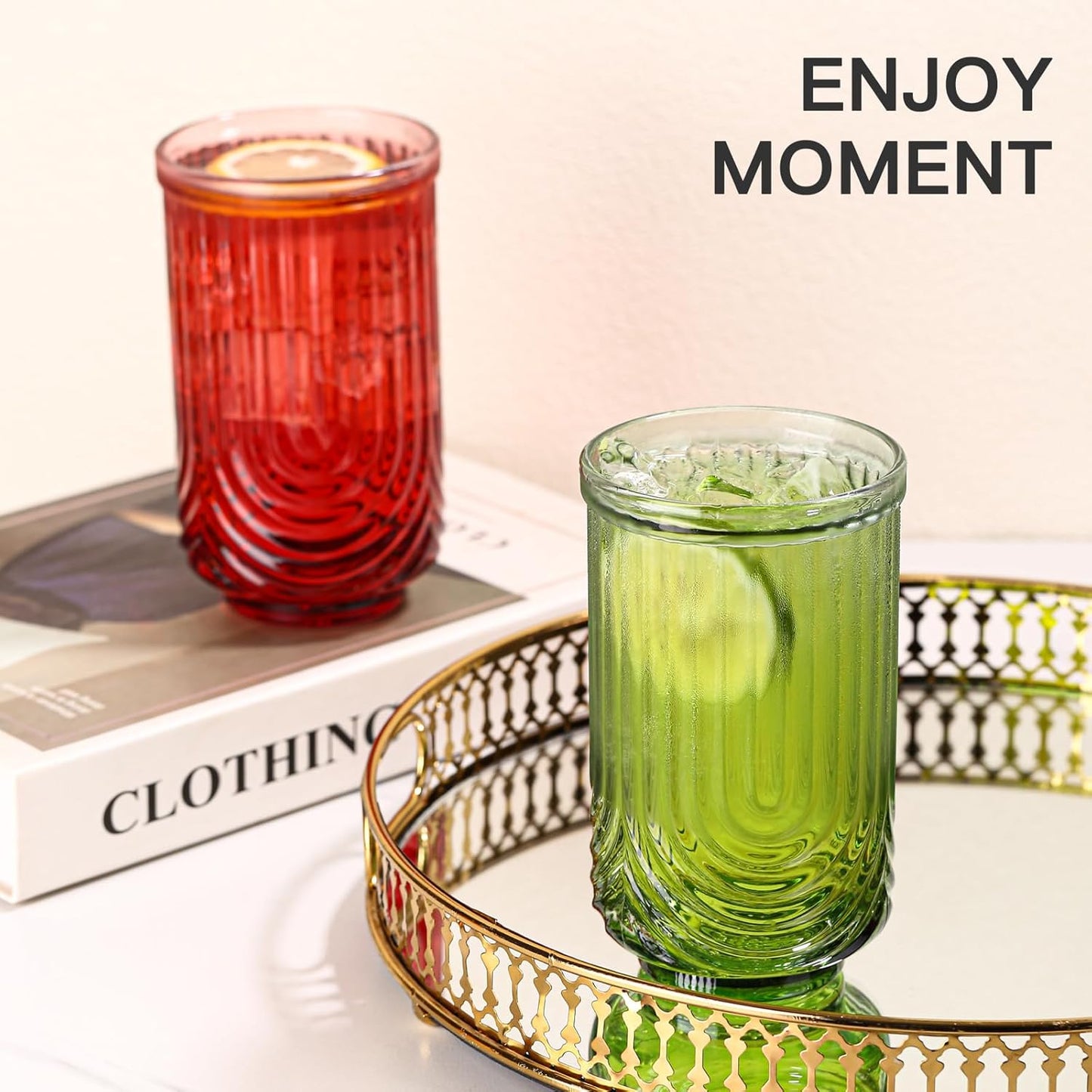 Colored Vintage Glassware Set of 6-17Oz Colorful Water Drinking Glass, Art Deco Ripple Highball Glass, Whiskey Cocktail Glasses, for Bar Beverages Ice Coffee Juice, Housewarming Gifts