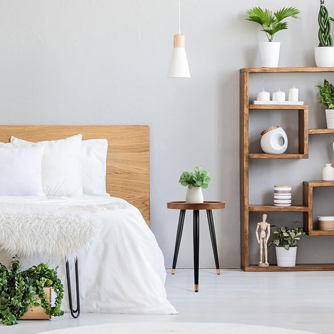 Plant Stand Indoor,Mid Century Walnut Wood Plant Table, Heavy Duty Metal Tall Flower Pot Stand,Modern Round Small Side End Table with Raised Design(12"x17") (2, 12 x 17 in)