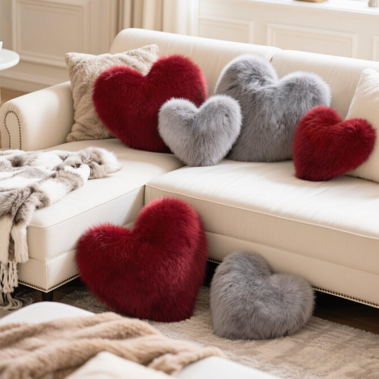 Grey Heart Pillow, Faux Fox Fur Heart Decorative Pillows, Heart Shaped Throw Pillow for Bed, Soft Fluffy Decorative Cushion for Chair Sofa Living Room - Plush Pillow Home Decor
