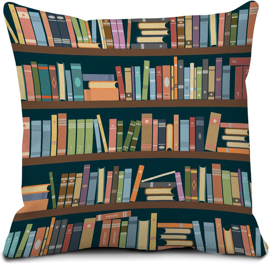 Decorative Throw Pillow Covers 18x18 Inch, Cute Home Decor for Living Room Outdoor Funny Pillowcase Polyester Cushion Case Colorful Bookshelf