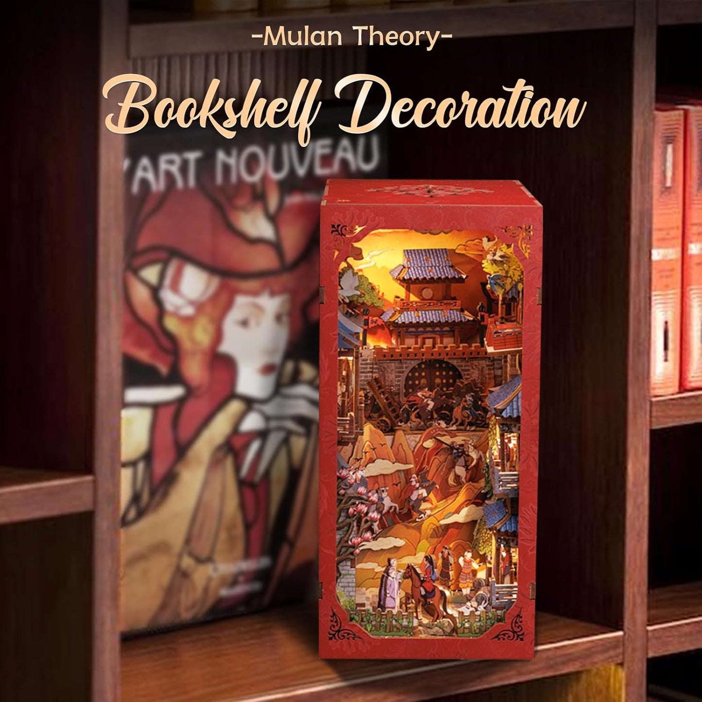 Cutefun Book Nook Kit - DIY Miniature Dollhouse Kit 3D Wooden Puzzle for Adults, Teens, Crafts Gifts for Bookshelf Decor (The Legend of Mulan)