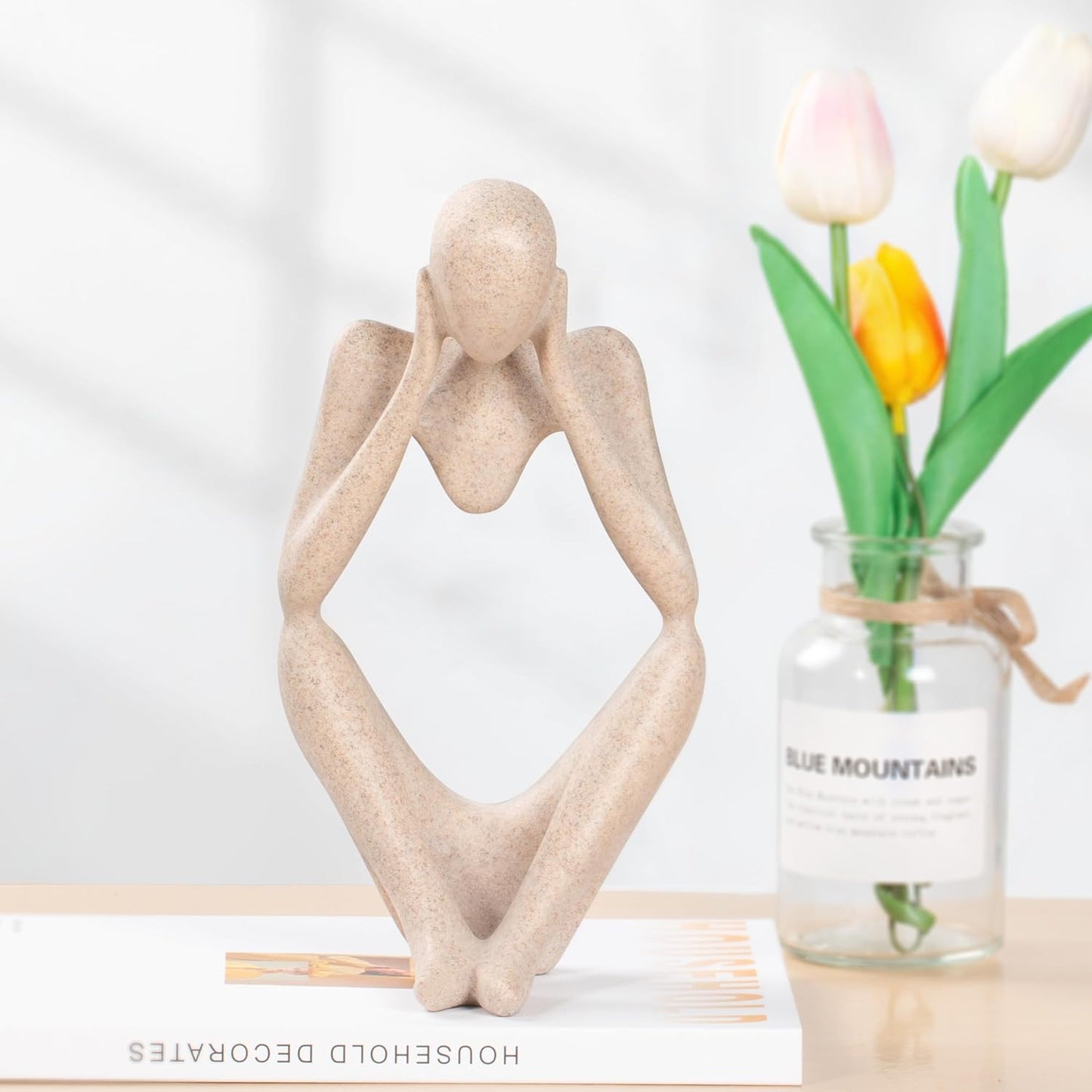 INNOLITES Boho Decor Thinker Statue Abstract Art Sculpture, Sandstone Resin Collectible Figurines for Home Living Room Office Shelf Decoration(Middle, Large)