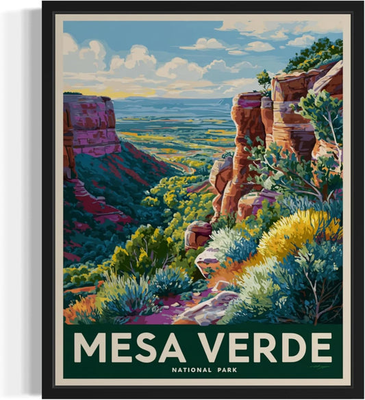 Mesa Verde National Park Art Print Poster, Vintage Retro Pop Art Travel Wall Art Bedroom Bathroom Living Room Decor 185 (Mesa Verde, 24 x 36 inches, Black Frame)