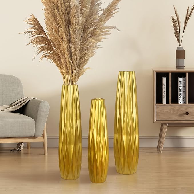 Gold Ceramic Tall Floor Vase,24 Inch Large Modern Flower Vases for Home Décor,Wicker Big Floor Vase Decorations for Farmhouse, Living Room,Bedroom,Standing Plastic Vase Decorative Tall