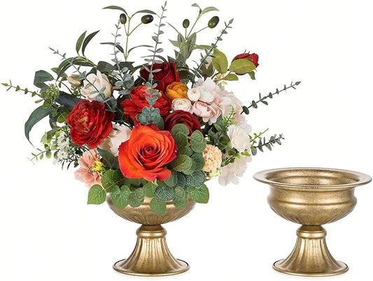 NUPTIO Distressed Gold Vases for Centerpieces: 2 Pcs Small Compote Vases for Flowers - Metal Pedestal Bowl Decor for Wedding Table Home