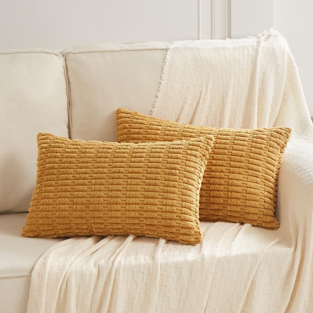 Fancy Homi Mustard Yellow Lumbar Decorative Throw Pillow Covers 12x20 Inch for Living Room Couch Bedroom, Soft Corduroy Rectangle Cushion Case 30x50 cm, Rustic Farmhouse Home Decor