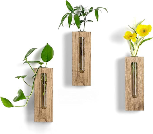 Wood Wall Vase Decor: Rustic Wooden Decor for Farmhouse Bathroom Kitchen Hallway - Hanging Plant Propagation Stations for Indoor Plants Dried Flowers Eucalyptus