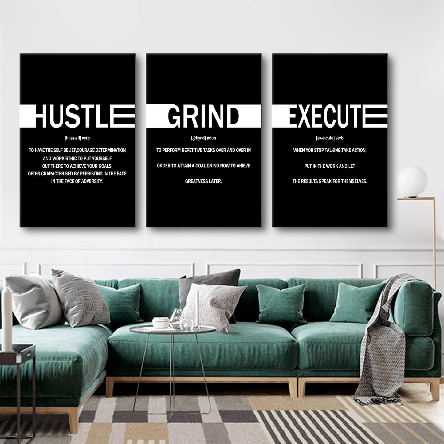 Inspirational Hustle Grind Execute Positive Wall Art Entrepreneur Quotes Print Picture Modern Wooden Canvas Framed Artwork for Home Living Room Office Artwork Stretched and Framed [72''Wx36''H]