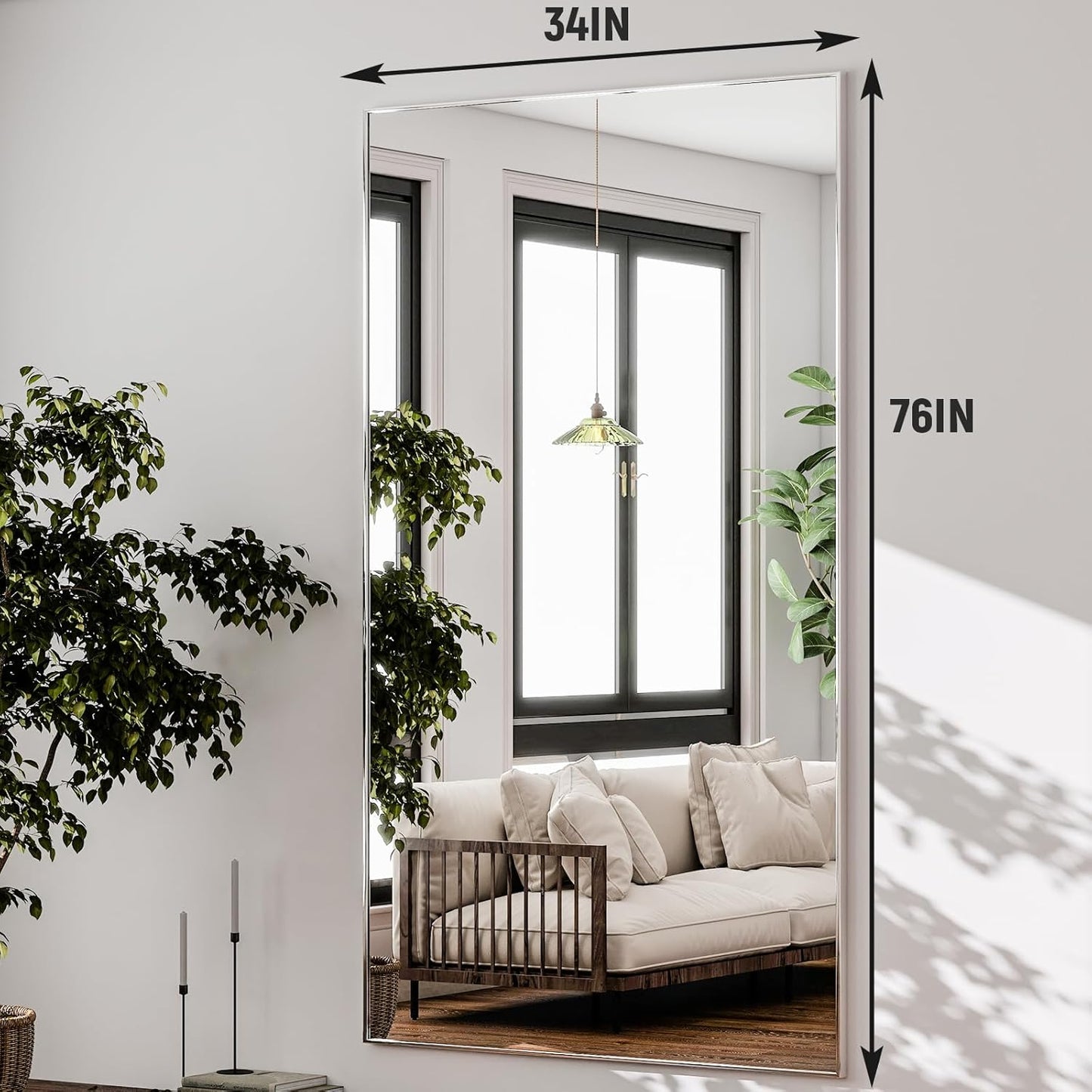 GLSLAND 76"x34" Full Length Mirror Extra Large Hanging or Leaning Rectangle Mirror Aluminum Alloy Thin Frame Bedroom Floor Dressing,Silver