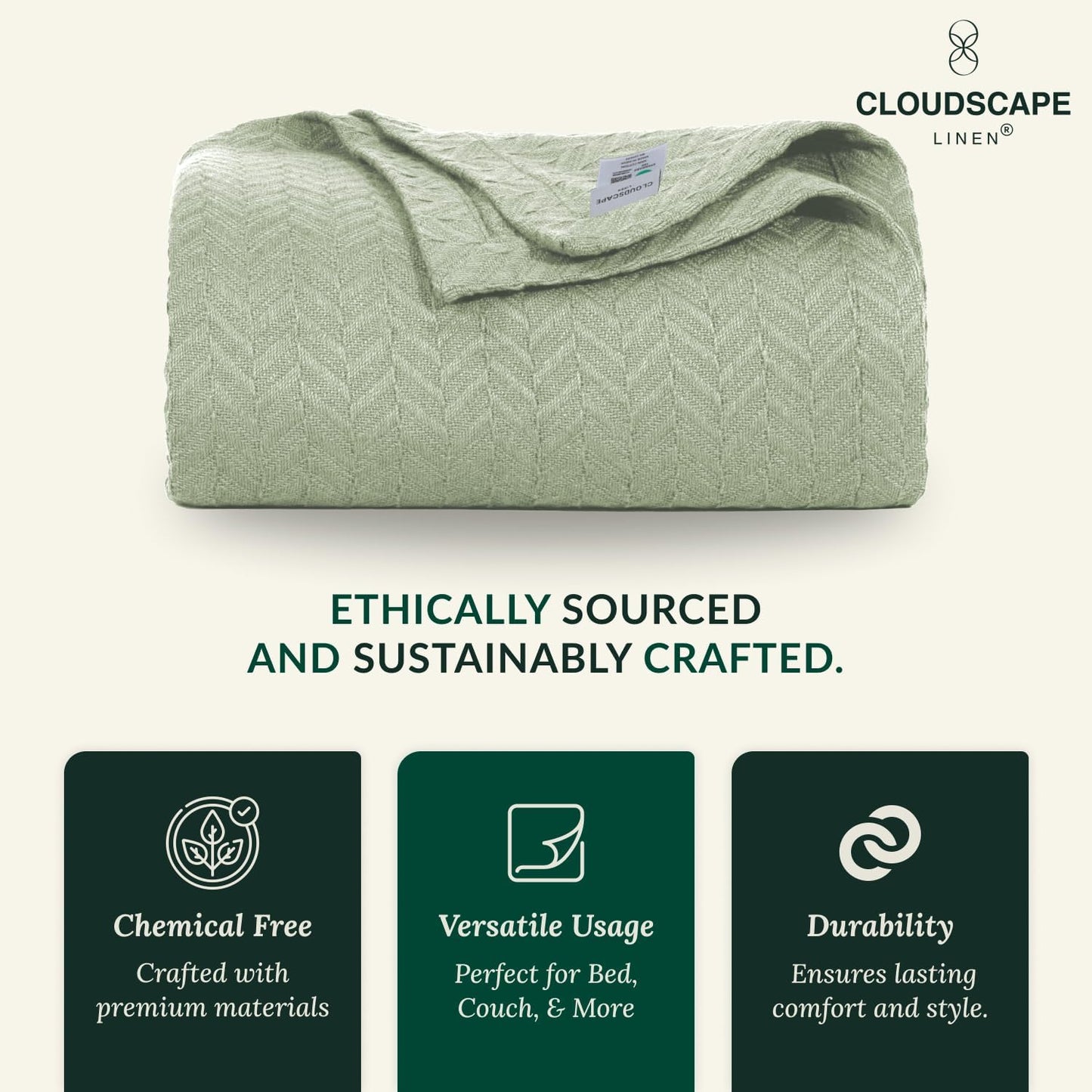 Cloud Scape Linen Herringbone Cotton Throw Blanket for Couch, Bed,Sofa, Home Decor, Soft, Lightweight, All-Season Bed Blanket, 50 x 70, Seafoam Green