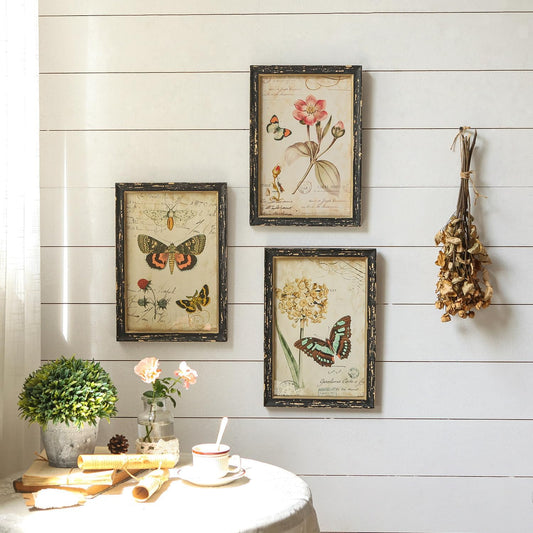 NIKKY HOME Set of 3 Vintage Butterfly Wall Art Poster Print Rustic Botanical Picture Decor Floral Plant Wooden Framed Plaque Sign for Bedroom Living Room Office Classroom