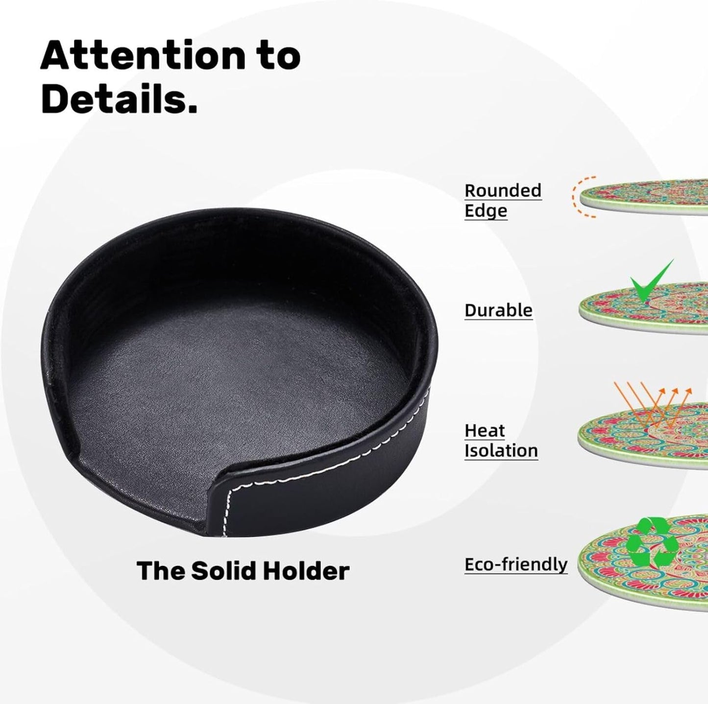 Colorful Mandala Leather Drink Coasters Set of 6 with Holder Round Cup Coaster for Table Decor